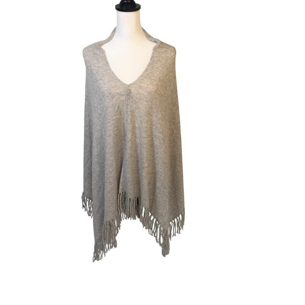 Margaret O'Leary Poncho Womens OS Gray Excellent 100% Cashmere Fringe V-Neck